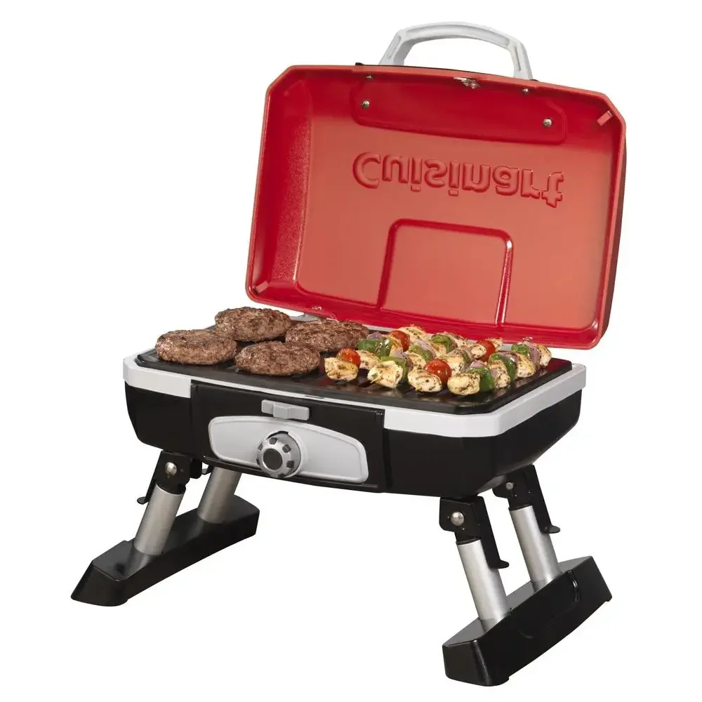 Compact High-Performance Portable Gas Grill 5500 BTU Burner 145 Sq Inch Grilling Surface Red Foldable Legs Easy Ignition Carry