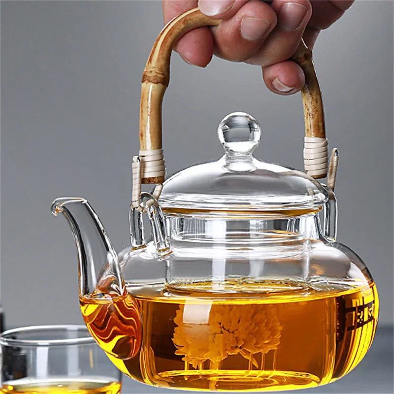 

600ML Borosilicate Glass Teapot With Bamboo Handle Household Convenient Heated Tea Kettle with Filter Kung Fu Flower Tea Pot