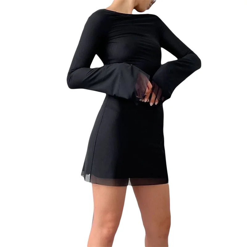 Xingqing y2k Abito corto anni 2000 Estetico Donna Tinta unita Sheer See Through Girocollo Manica lunga Abito aderente Abiti da festa