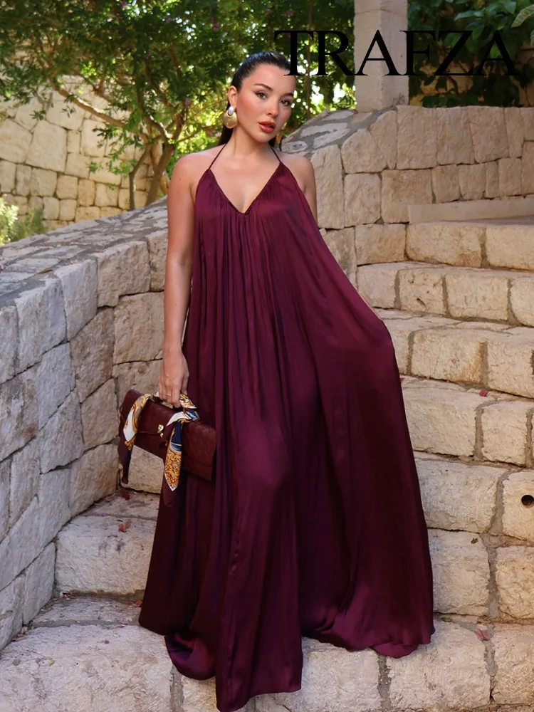 

TRAFZA Woman Sexy Satin Texture Backless Solid Dresses Summer Women O-Neck Sleeveless Pleated Decorate Beach Party Long Dress