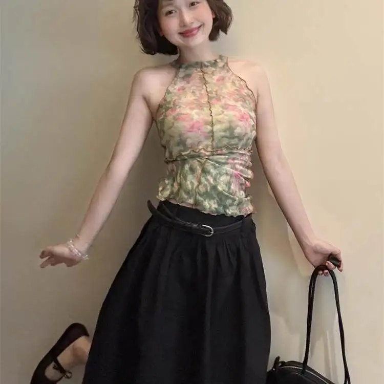 Tie Dye Print Mesh Halter Tanks Women Spring Summer Sexy Off Shoulder Slim Sheer Folds Crop Top Spicy Girl Y2k Vest Ins