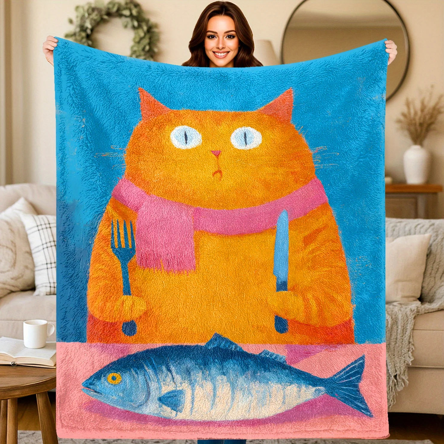 Cute cat and fish design pattern Flannel printed blanket suitable for all seasons suitable for living room office sofa travel