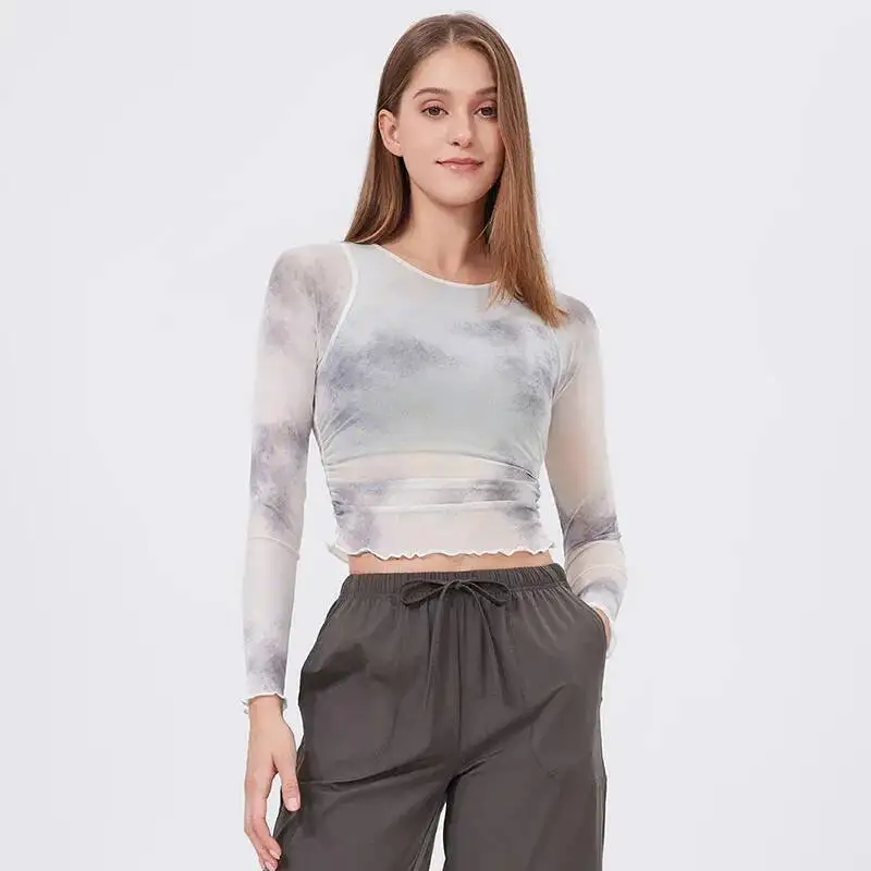 

Long Sleeve Yoga Shirt Women Tie-Dye 2 In 1 Gym Crop Slim Fit Breathable Running Top With Chest Pads Female Sportswear
