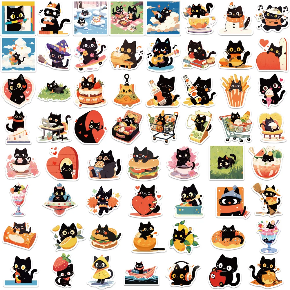 60Pcs Black Cat Stickers Pack，Cute Cool Vinyl Waterproof Stickers for Water Bottle,Skateboard,Laptop,Phone,Scrapbooking