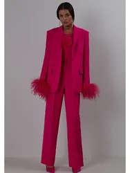 Women Luxury Sexy Long Sleeve Feather Pink Two Piece Pants Blazer Set 2024 Celebrity Designer Fashion Women's Set