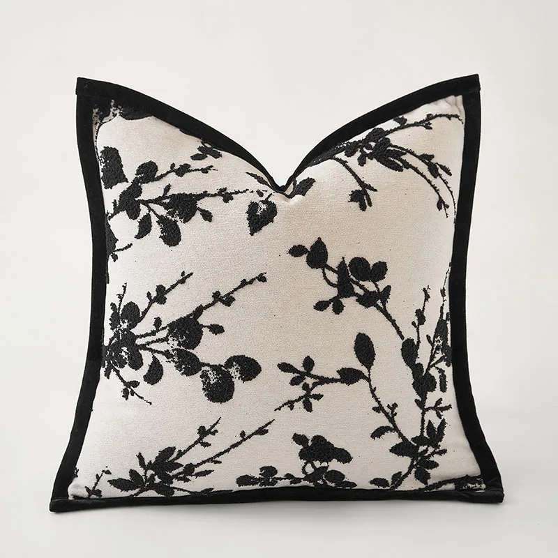

Italian Beige Black Light Luxury Cushion Cover Retro Chenille Plant Jacquard Pillow Cover Decorative Modern Throw Pillowcase