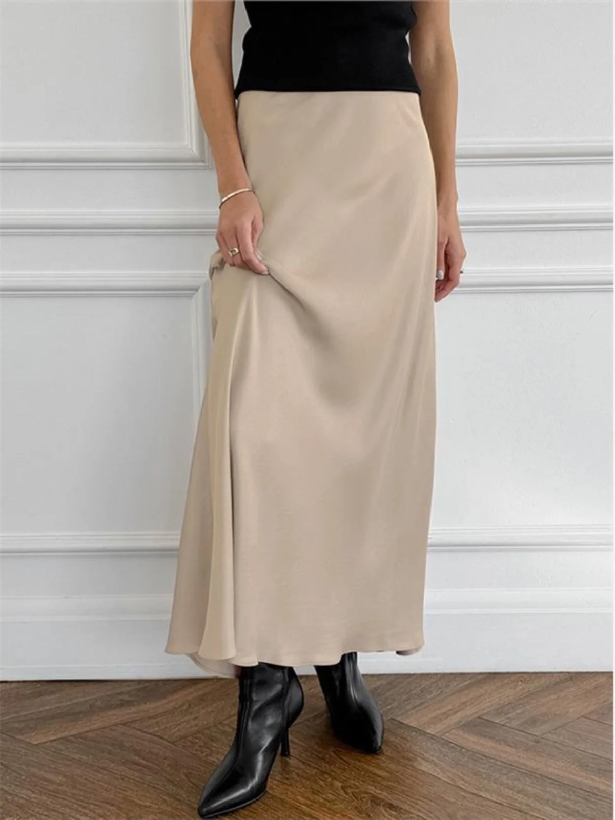

High Waist Casual Skirt Faion Long Tinkhaki Color Acetate Sle A-Line Skirt Korean Design Pure Color Polyester Fiber
