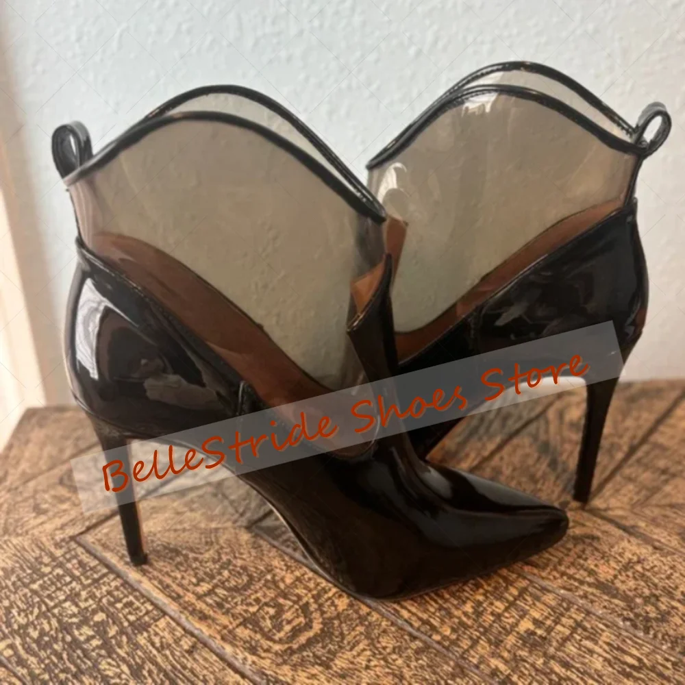 Stivali in PVC con punta a punta nera in pelle verniciata per le donne Tacchi alti sottili Cena alla moda 2025 Zapatos Para Mujeres
