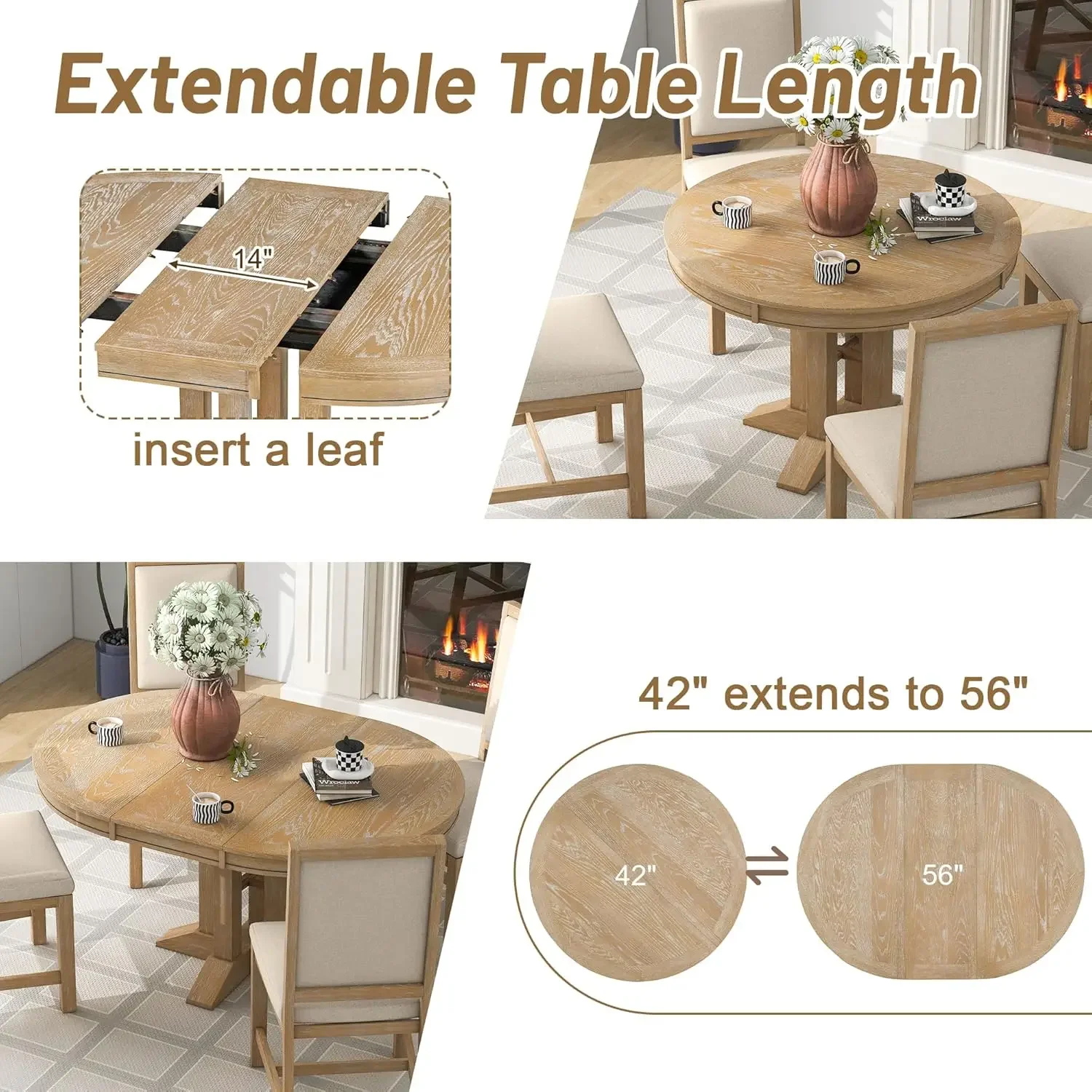 Table à manger extensible ronde en bois de ferme, 42 en effet, 56 pour 4-6 personnes, cuir chevelu de 14 pouces, meubles de cuisine fonctionnels