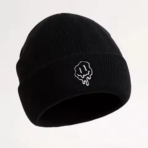 1pc Funny Embroidered Melted Smiling Face Men's Knitted Brimless Hat Autumn Winter Beanie Warm Caps comfortable