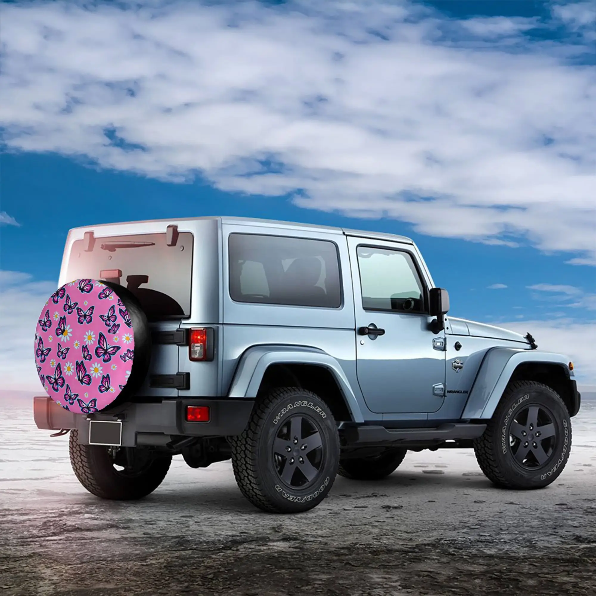 1pc Powder Butterfly Daisy Is Full Of Prints Car Spare Tire Protection Cover, Suitable For 14 Inch, 15 Inch, 16 Inch, And 17 Inc
