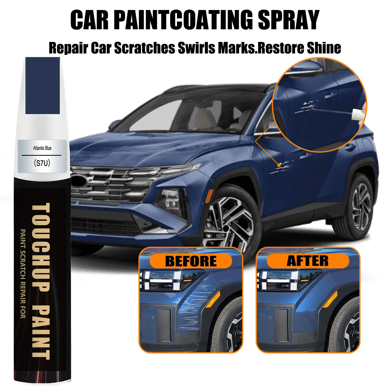 Car Touch up Paint(S7U Atlantis Blue) Compatible with Hyundai, Car Paint Pen Scratch Repair Two-In-One Touch Up Paint