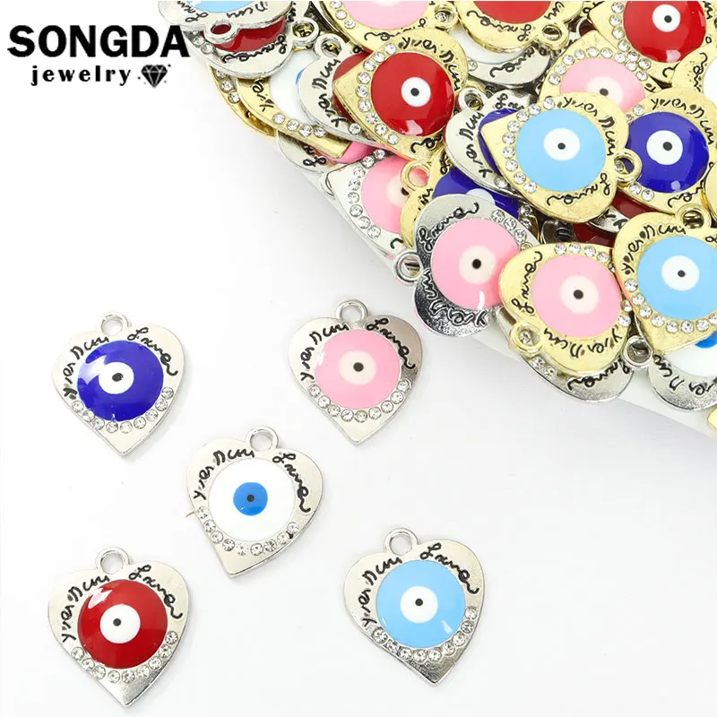 10pcs Heart Shaped Blue Turkish Evil Eye Enamel Charm Crystal Lucky Blue Eye Pendant Colourful DIY Bracelet Earrings Accessories