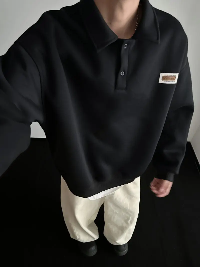 Autumn Men's Casual Solid Color Polo Neck Sweatshirt American Style Couple Loose Long Sleeve Turn down Collar Top Hoodies