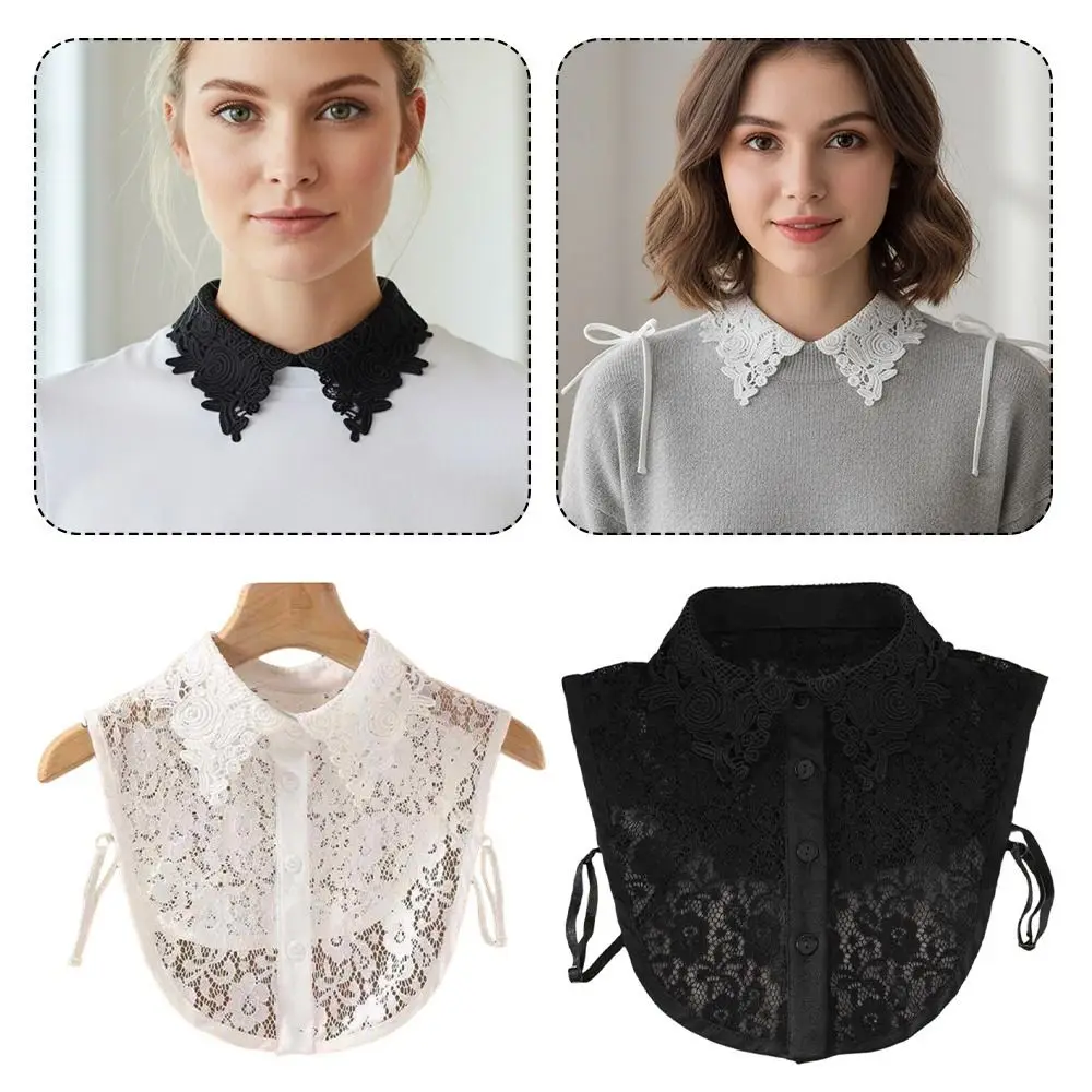 Koronkowy kołnierzyk z imitacji róży, jednolity kolor, wiązany z przodu, odpinany kołnierzyk w stylu vintage, biały kołnierzyk do bluzki, odzież damska.