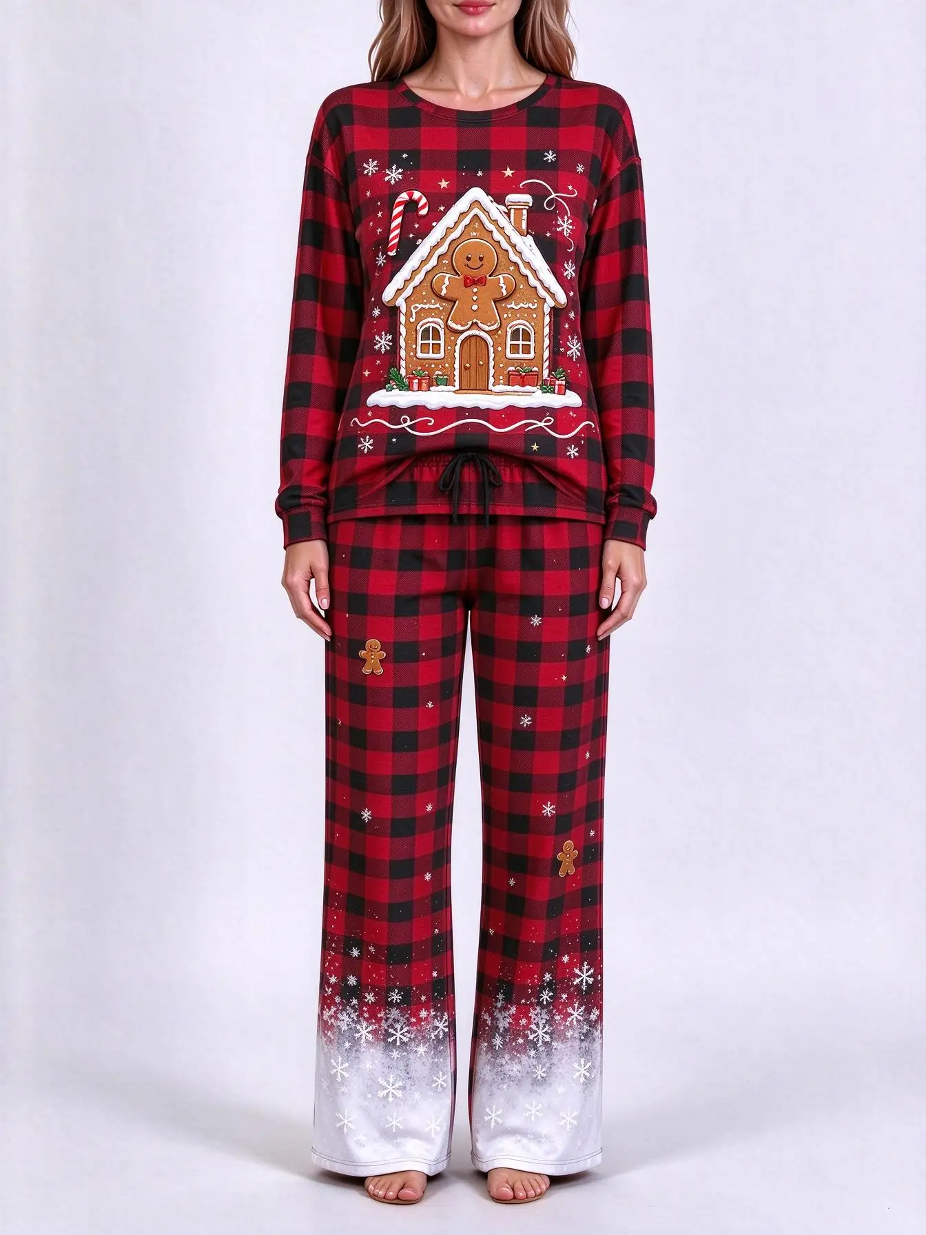 Women Imitation Cotton Loungewear Set Buffalo Plaid Christmas Santa Sleigh Reindeer Snowflake All Over Print Long Sleeve Pajamas