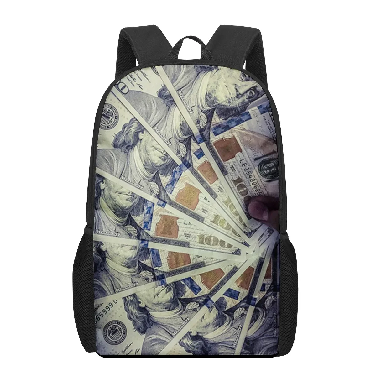 Engraçado dólar americano dinheiro saco de escola dólar dos eua impressão mochila caminhadas daypack para mulheres homens 16 polegadas com bolso de malha