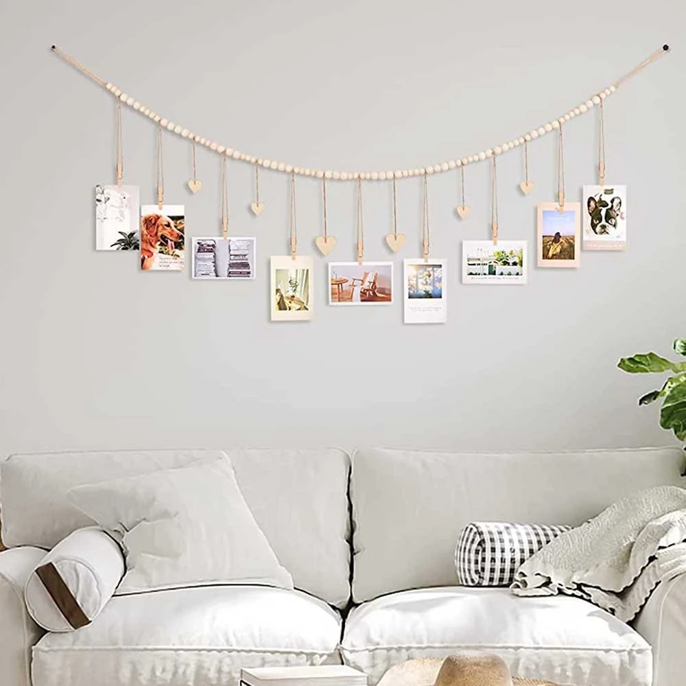 Wall Hanging Photo Display with Wooden Beads Garland Boho Christmas Picture Card Frame for Home Decor Living Room Bedroom 138cm