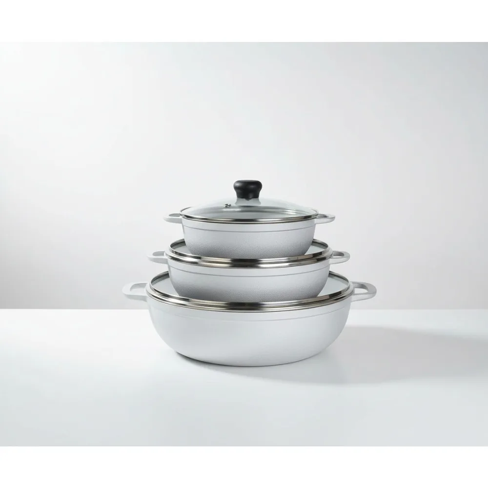 

Cast Aluminum Stock Pot Set with Glass Lid 3-Piece 1.5/2.5/5.2qt Perfect for Family Cooking Silver