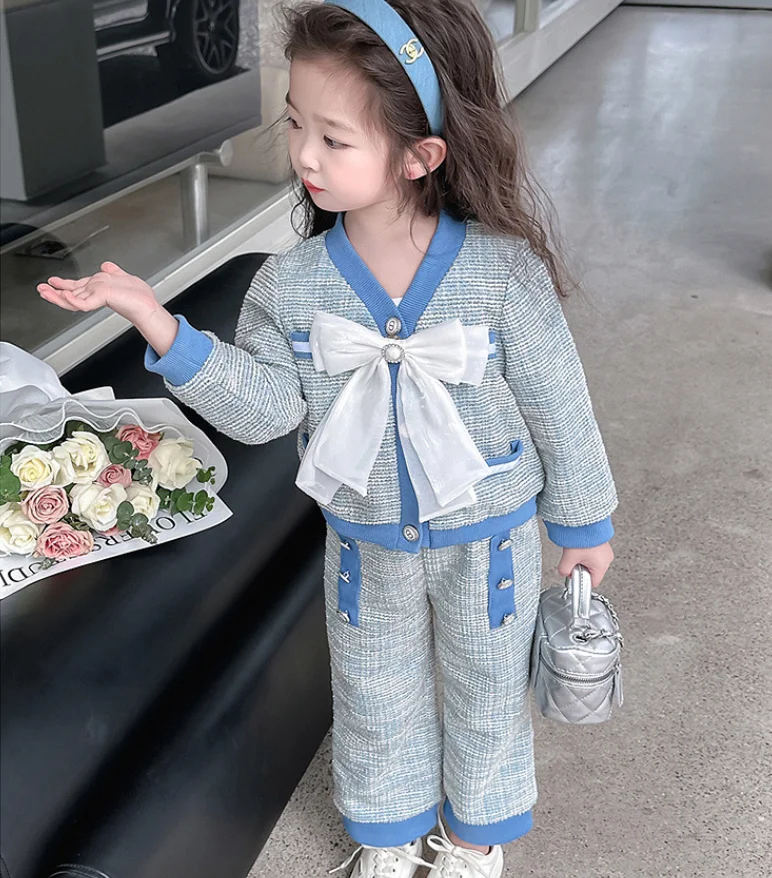 

New Baby Girls Fall Fashion Sets, Bow Coat + Pants Princess Elegant Suits 2-7 T
