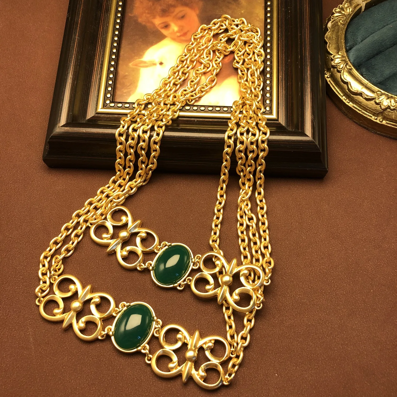 Electroplated real  matte gold versatile green hollow necklace Manual necklace jewelry
