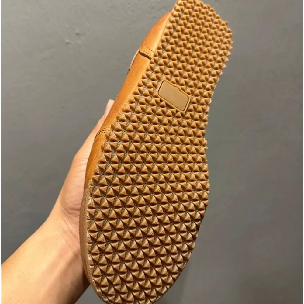 Vintage Caramel Burnished Leather Sneakers, with off-white laces and gum sole, stylish and comfortable, - view 6