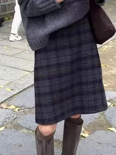 

High Waist A-Line Midi Skirt Autumn Winter Plaid Woolen Knee-Length Slimming Belly Covering for plus Size Pear aped Body