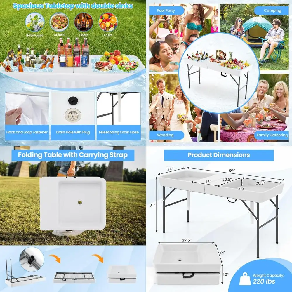 

Nightcore 5-футовый складной стол-холодильник для льда с двойной раковиной, портативный ледяной столик со сливом, съемная юбка, без сборки, напитки