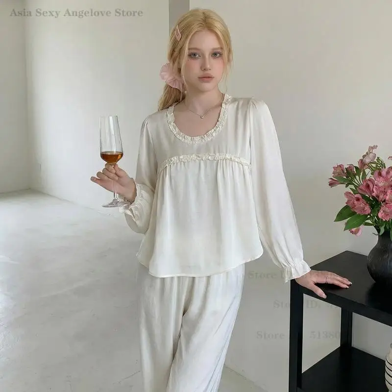 

Модный комплект пижамы с круглым вырезом, длинными рукавами, из ледяного шелка, для сна, весна-лето, новая ночная одежда, домашняя одежда, брюки, пижама для женщин