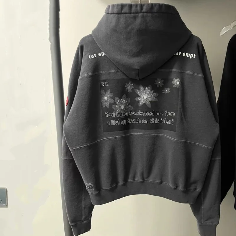 

Зимние толстовки CAVEMPT, модные уличные цветочные буквы с принтом логотипа, черная толстовка большого размера, повседневные свободные мужские и женские толстовки с капюшоном