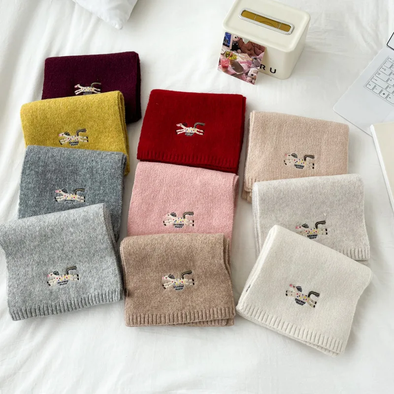 Cozy Knit Scarf with Embroidered Horse Design Soft Wool Winter Neck Wrap for Men Women