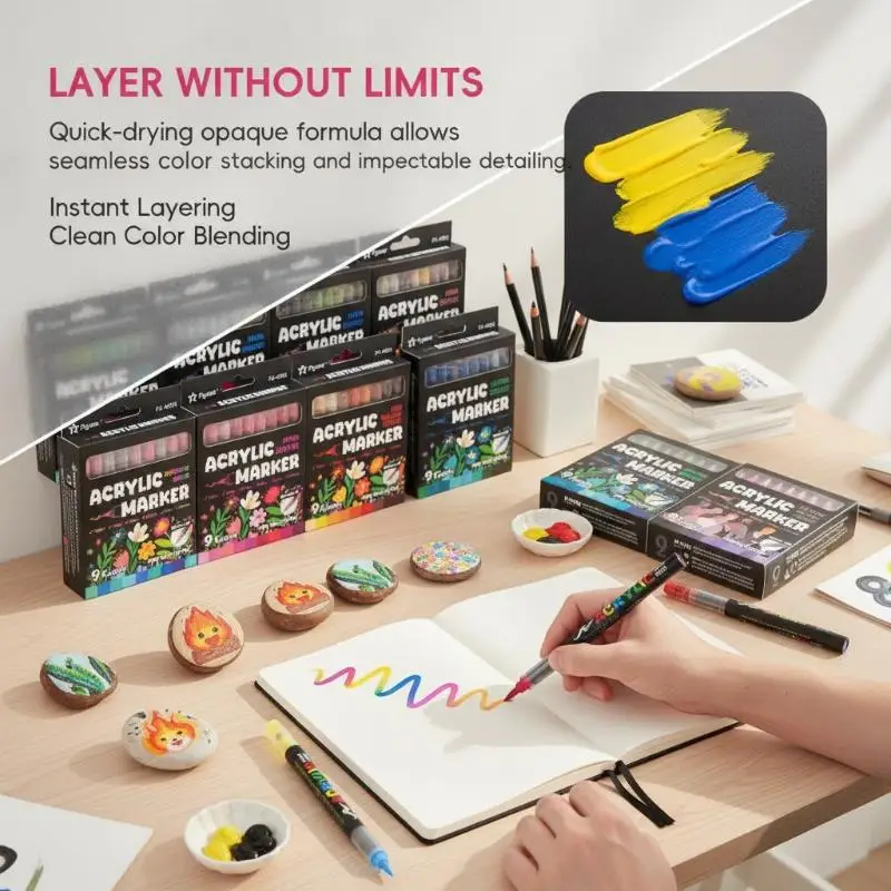 9 Colors Soft Brush Tip Acrylic Marker Pens Non Bleed Direct Liquid for Metal Plastic Surface Painting