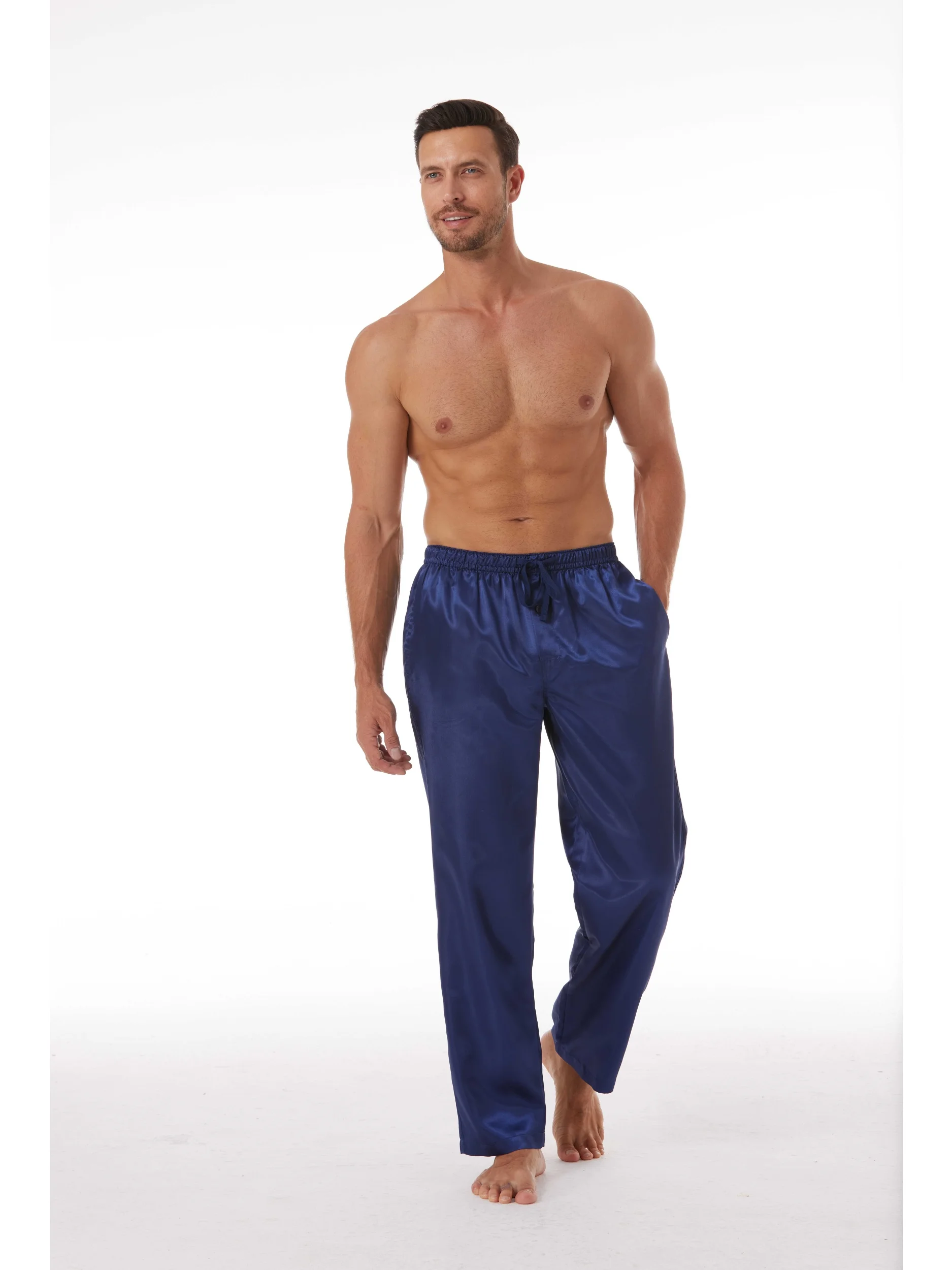 3pcs Men's Pajama Pants Autumn Satin Comfy with Elastic Waistband and Pockets Solid Color Casual Sleepwear