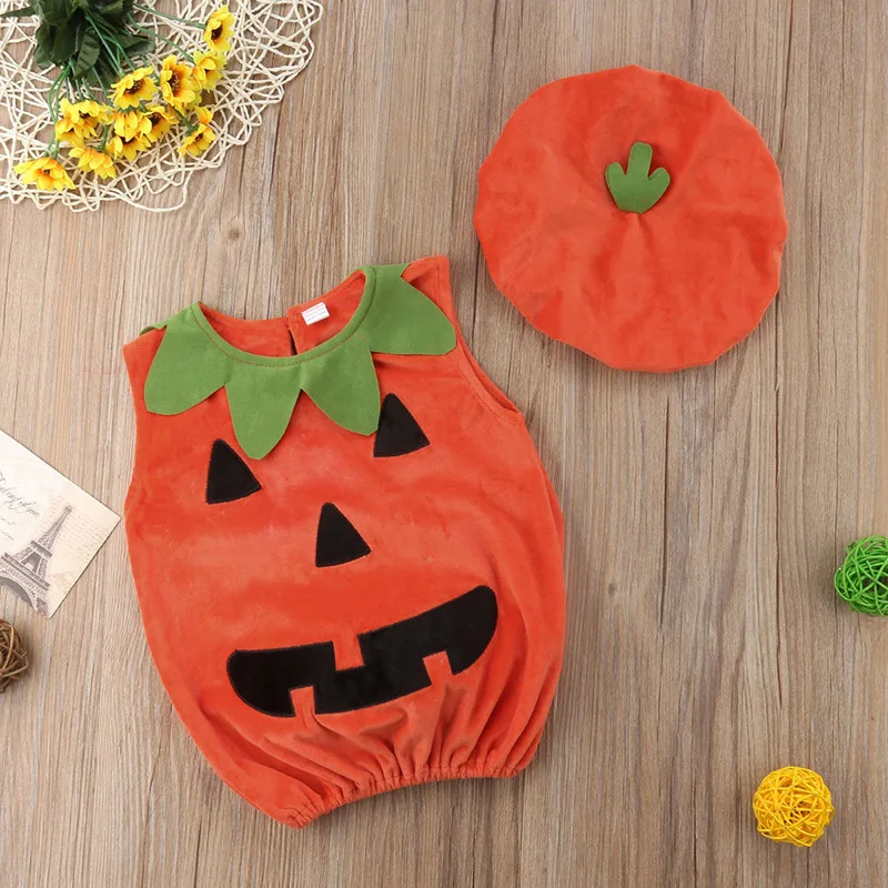 Children\'s Costumes Halloween Burst Pumpkin Modeling Men And Women Baby Sleeveless One-Piece Pajamas With Hat Cute Onesie