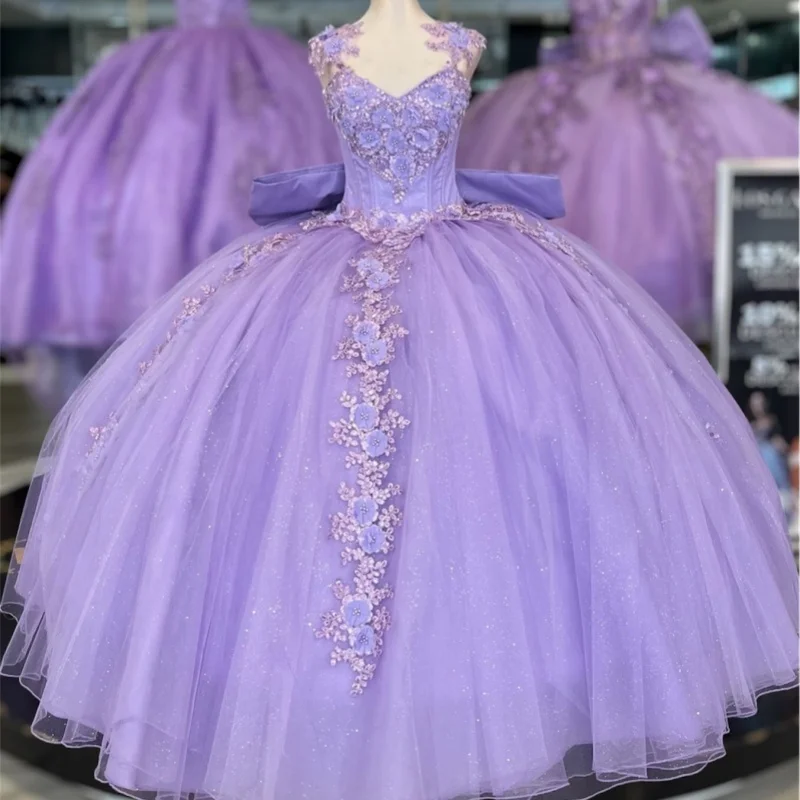 

Purple Quinceanera Dresses Off the Shoulder 3D Flower Decal Long tail Layering Bow Vestidoe 15 Quinceanera Customize