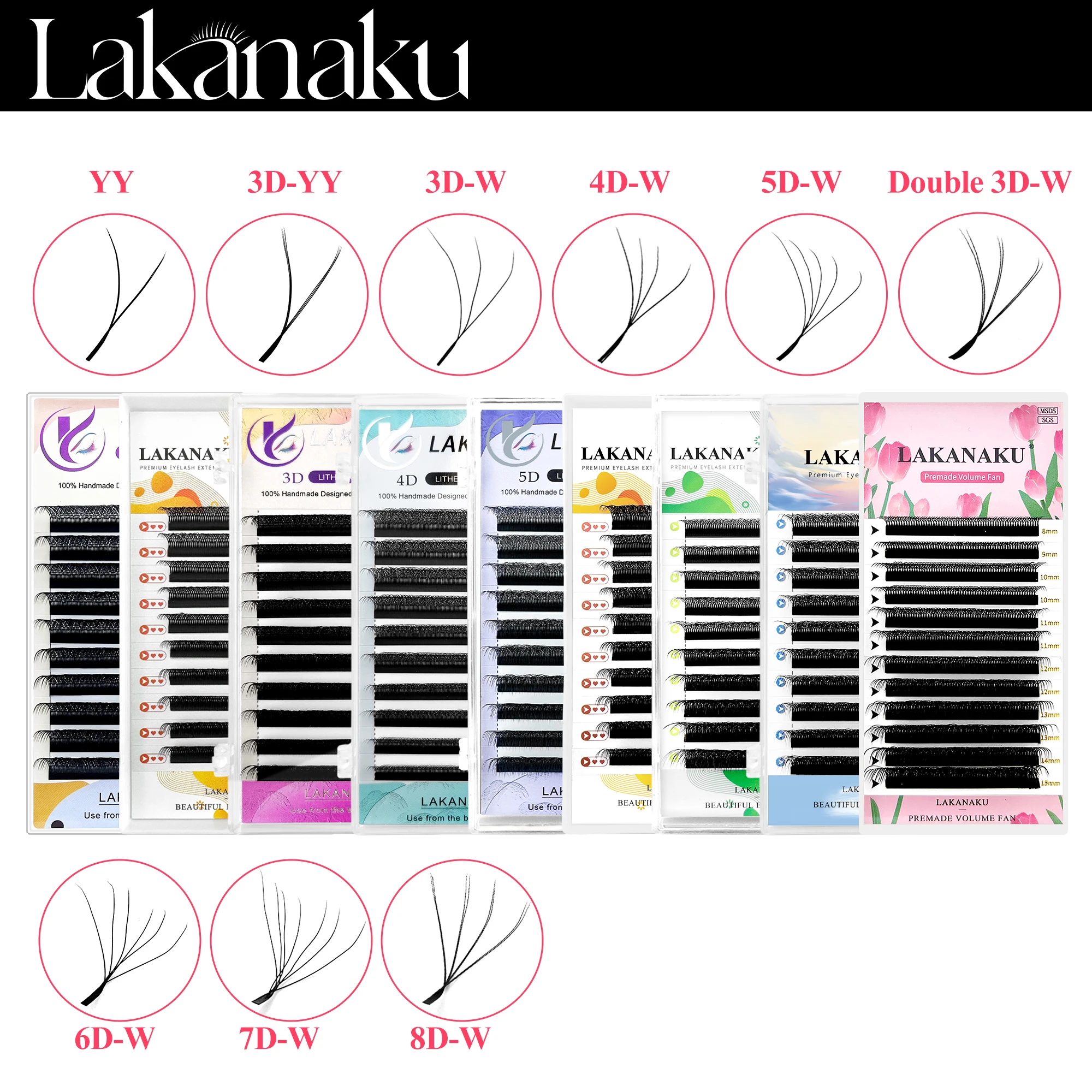 Lakanaku YY Lashes 2D 3D 4D 5D 6D W-Form Wimpernverlängerungen Volumen Vorgefertigte Fächer Falsche Wimpern De Cilios YY Wimpern-Trays – Detail 2