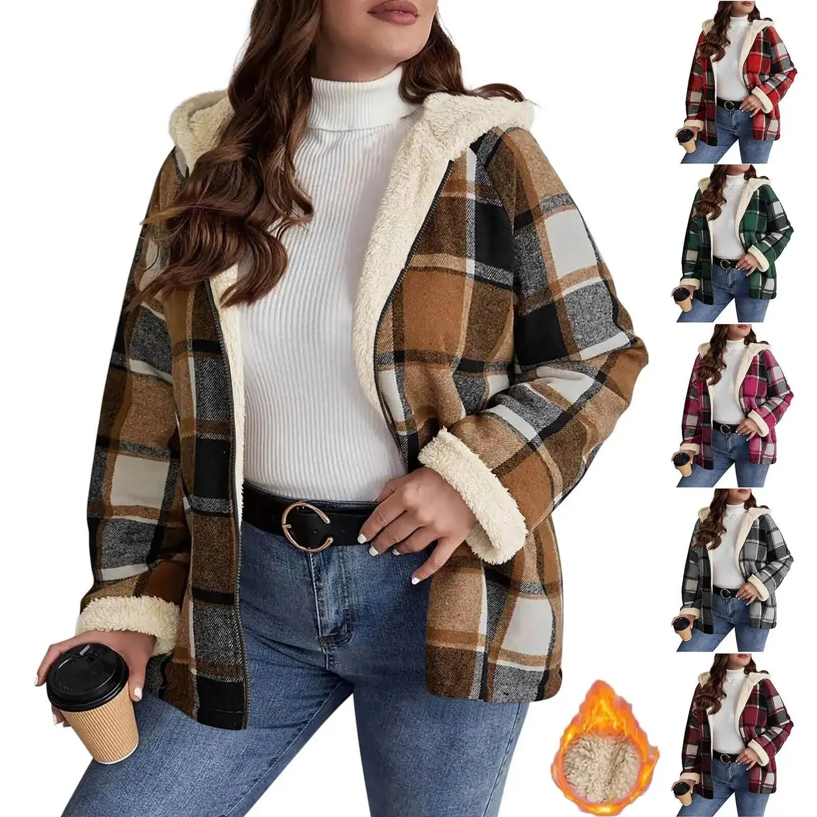 Women's Large Plaid Style Womens Jacket With Hooded Plaid Autumn And Winter Casual Loose Black White Plaid Coat Button Fall Top