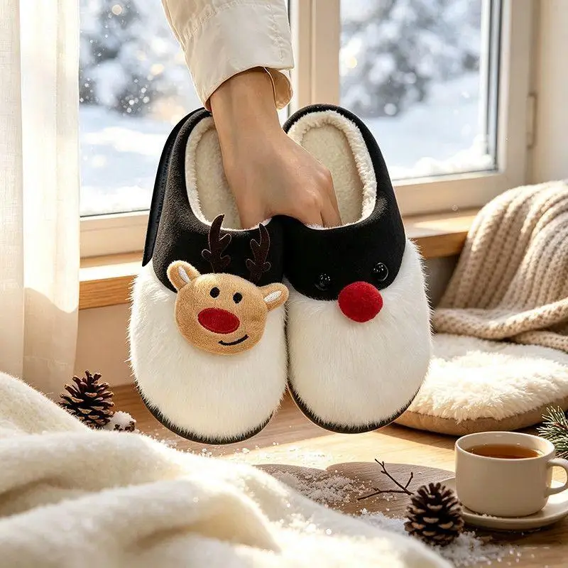 Niedliche Elch-Plüsch-Hausschuhe für Paare, warme Weihnachts-Hausschuhe für drinnen, Wintertrend 2026, bequeme dicke Sohle, Baumwollschuhe für Damen – Detail 13