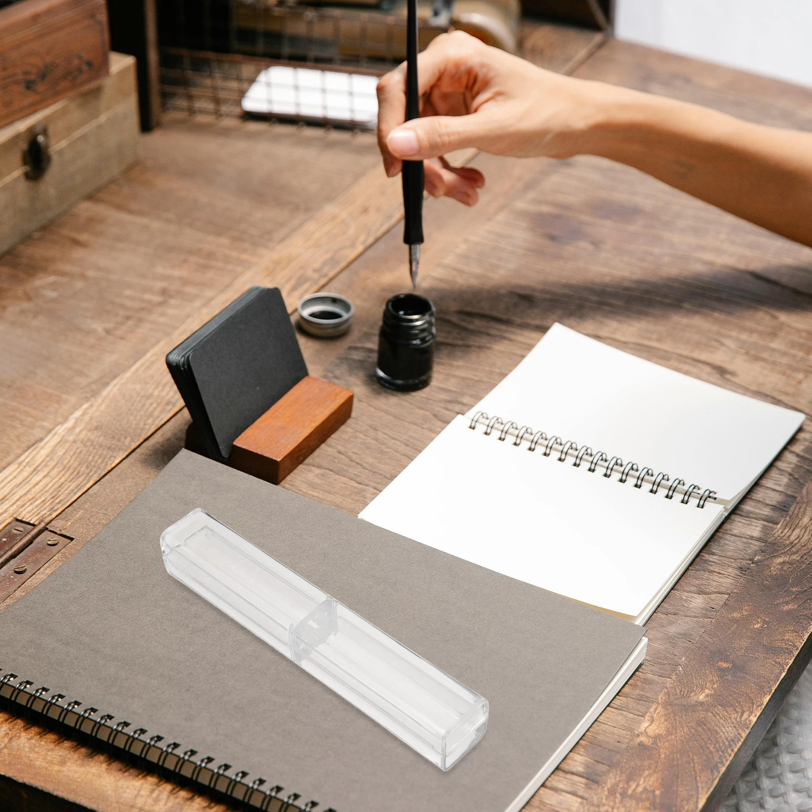 

10pcs Clear Plastic Pen Case Ballpoint Pencil Storage Box Gift Display Holder with Fixed Ring for Kids Students Family