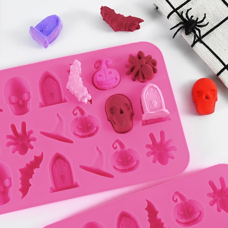 18 Cavities Halloween Silicone Mold Pumpkin Bat Skeleton Witch Hats For DIY Halloween Chocolate Candy Cake Decor Baking Tools