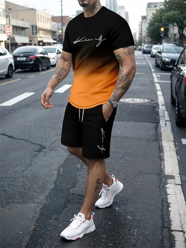 2024 New Men\'s T-shirt 2Pcs Sets 3D Gradient Letter Print Men Women Short Sleeve O-Neck Tee Shorts Suit Casual Tracksuit Outfits