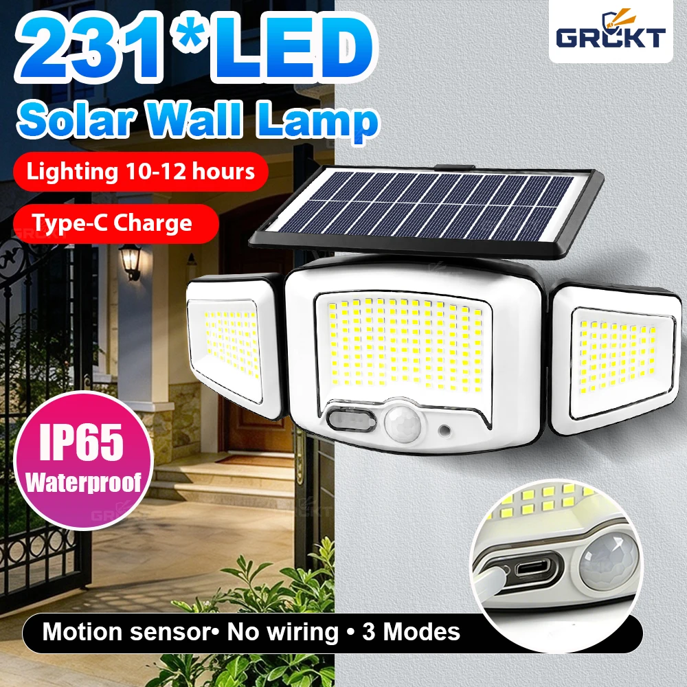 231LED Outdoor Solar Lights With Motion Sensor 3 Modes Exterior Solar Lamps Waterproof IP65 Spotlight Wall Lamp For Yard Doorway