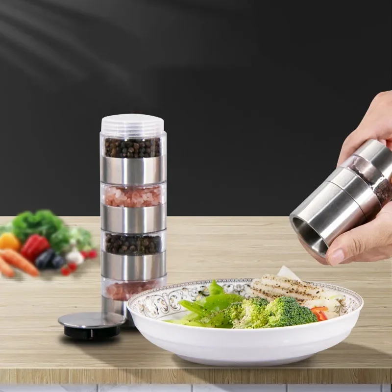 Stainless Steel 5 in 1 Manual Pepper Mill, Salt and Pepper Mill, Spice Mill, Multilayer Manual Pepper Mill, Spice Grinder