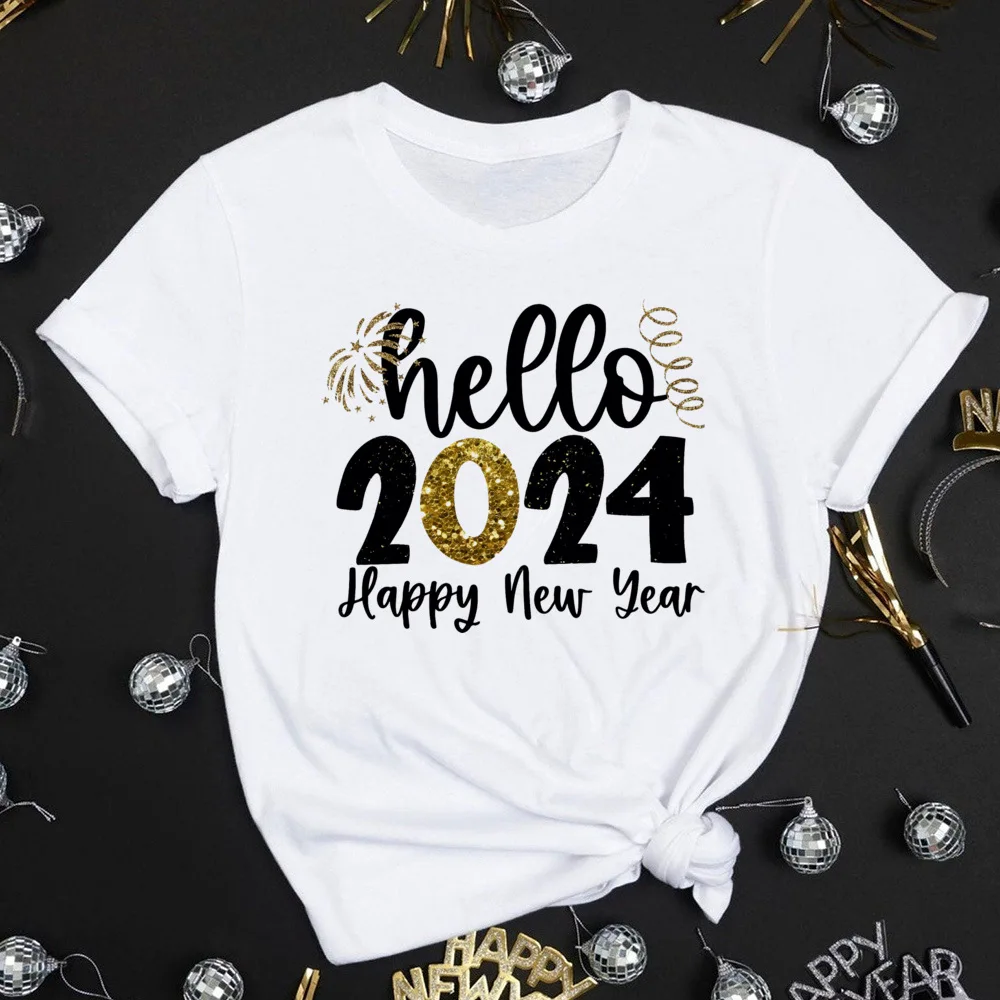 Hallo 2024 Print Vrouwen T-Shirt Gelukkig Nieuwjaarsfeest Vrouwelijke Outfit Tops Winter Nieuwjaar Korte Mouw T-Shirt Meisjes Casual Kleding