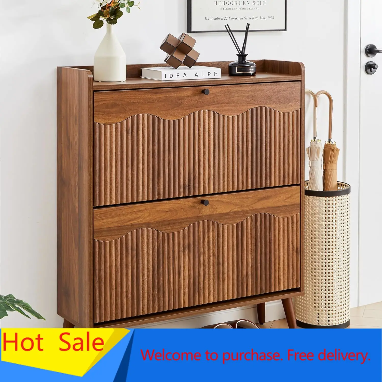 

31.5” Fluted Shoe Storage Cabinet with 2 Flip Drawers,Freestanding Narrow Shoe Organizer Cabinet with Wave Profile for Entryway,