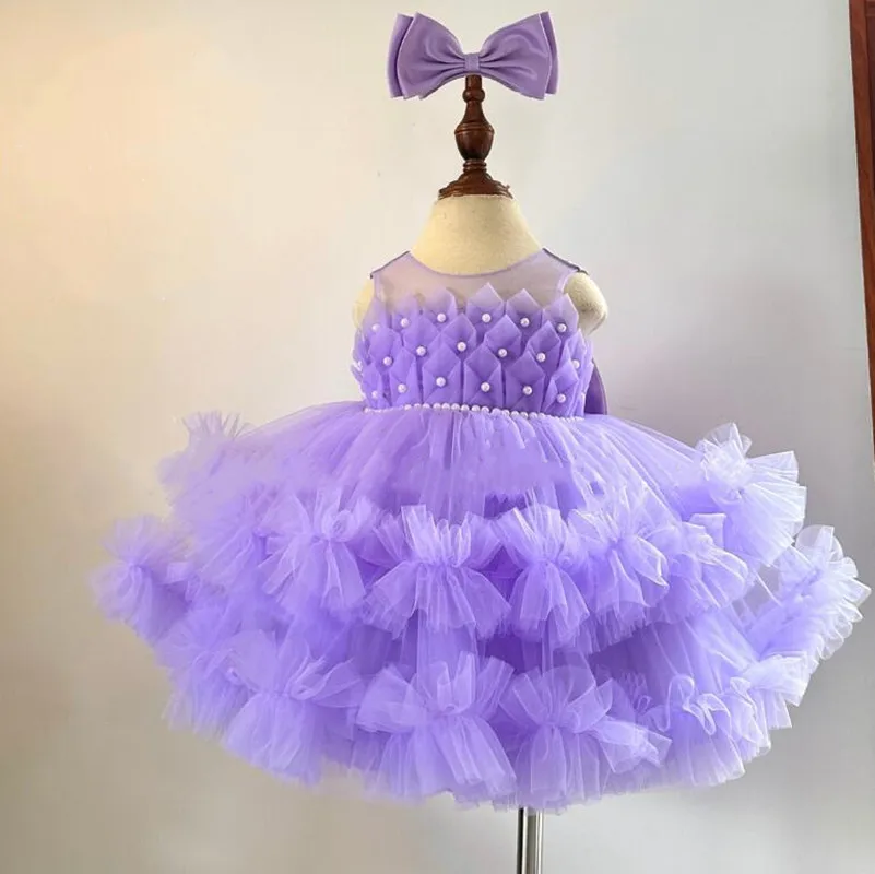 Lavender Sparkle Baby Girl Dress Sheer Neck Big Bow Little Princess First Birthday Dress Christmas Gown Kid Photography