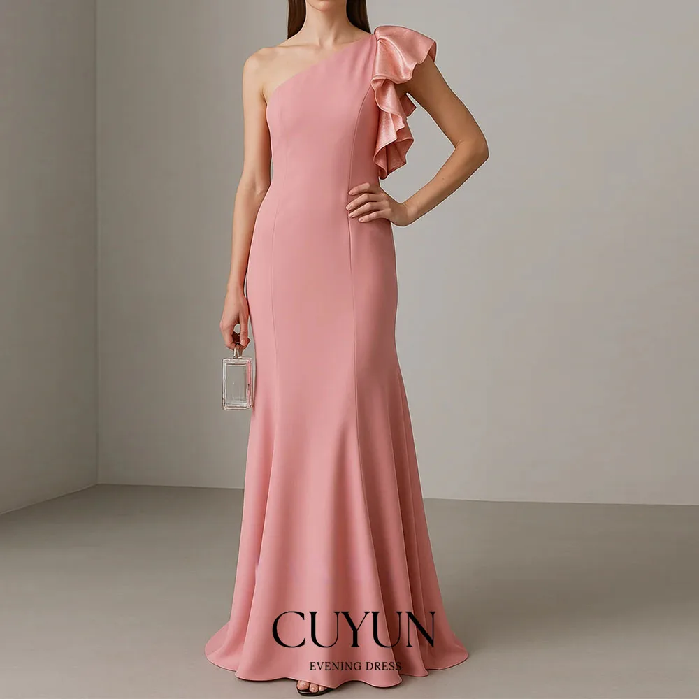 

CUYUN One Shoulder Ruffled Evening Dresses Semi-Mermaid Pink Floor-Length Customized Party Gown Wedding Guest Dresses 2026