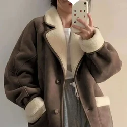 Lady Winter Woman's Fashion Thick Warm Faux Shearling Jacket Coat Vintage Long Sleeve Female Real Wool Outerwear