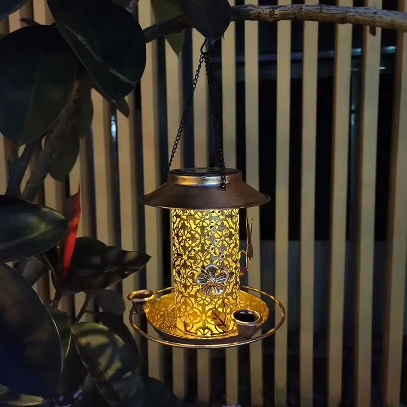 Outdoor Solar Metal Hanging Bird Feeder Dual Purpose Food and Water Drinker Pastoral Country Style for Garden Lawn Decoration