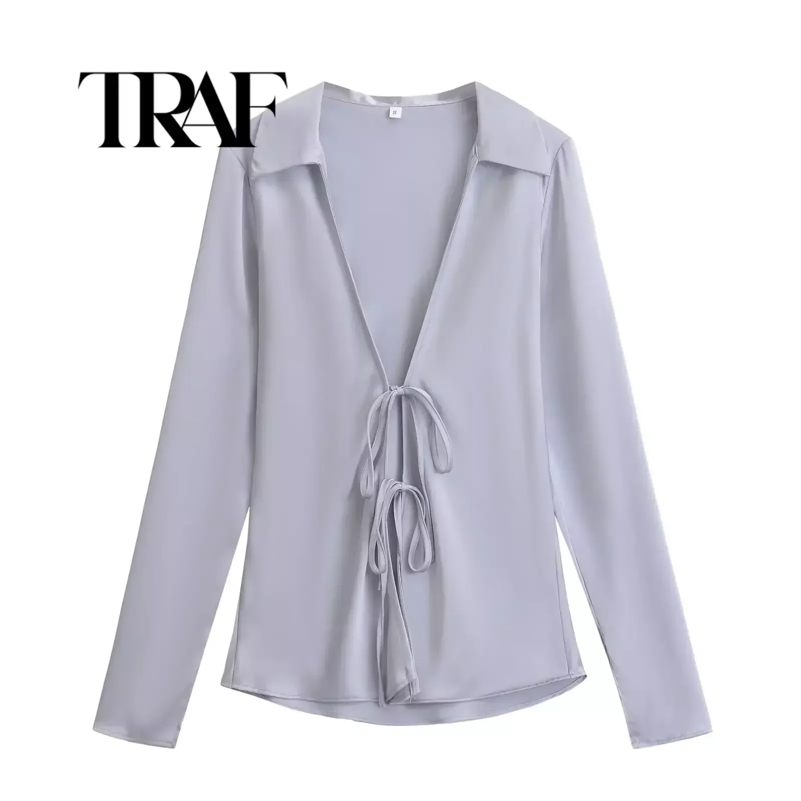 TRAF Summer Women Fashion e Casual Versatile scollo a v Tie up Bow Decoration camicia in raso di seta Texture